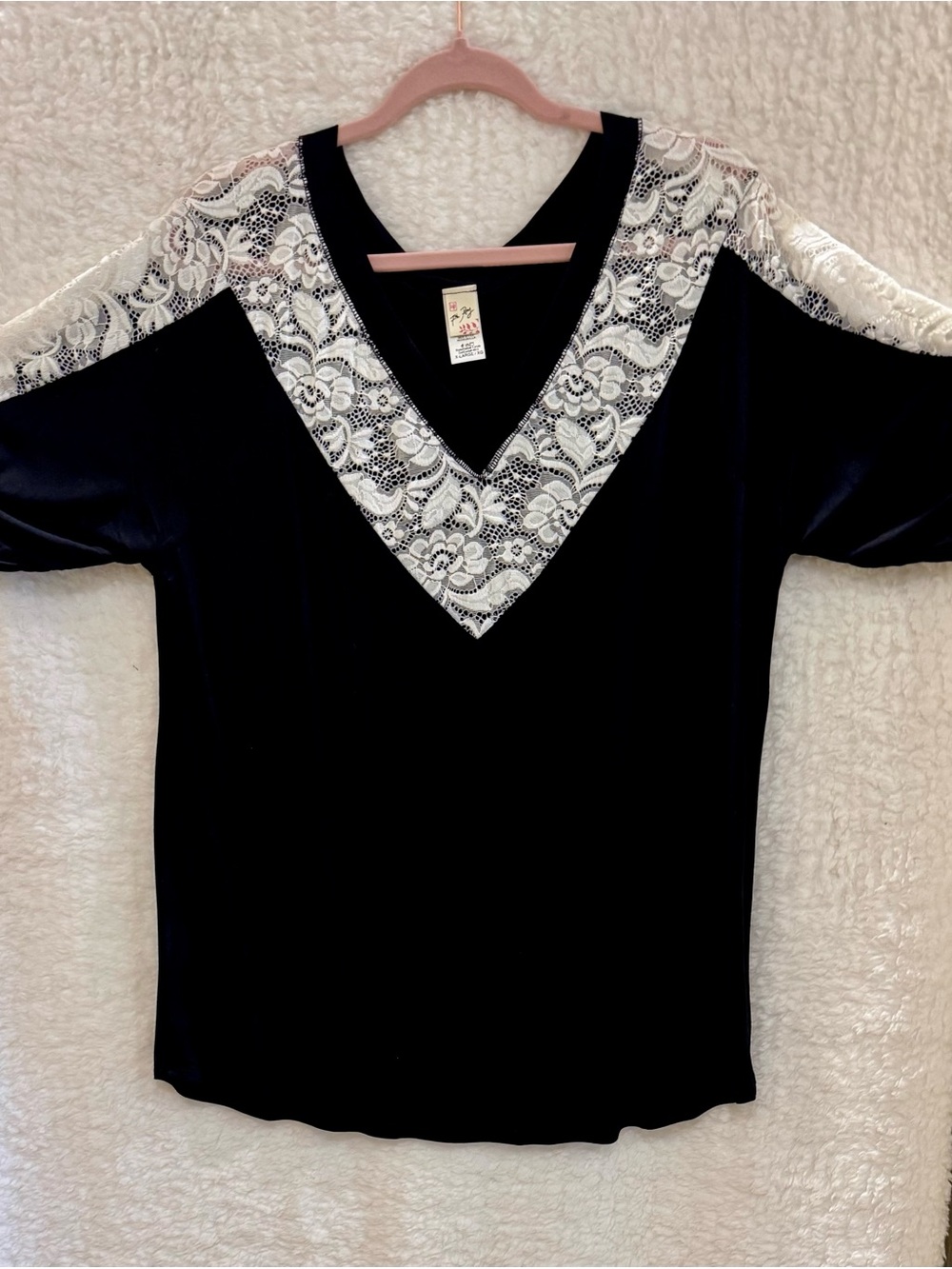 7th Ray Black Top with White Lace V-Neck